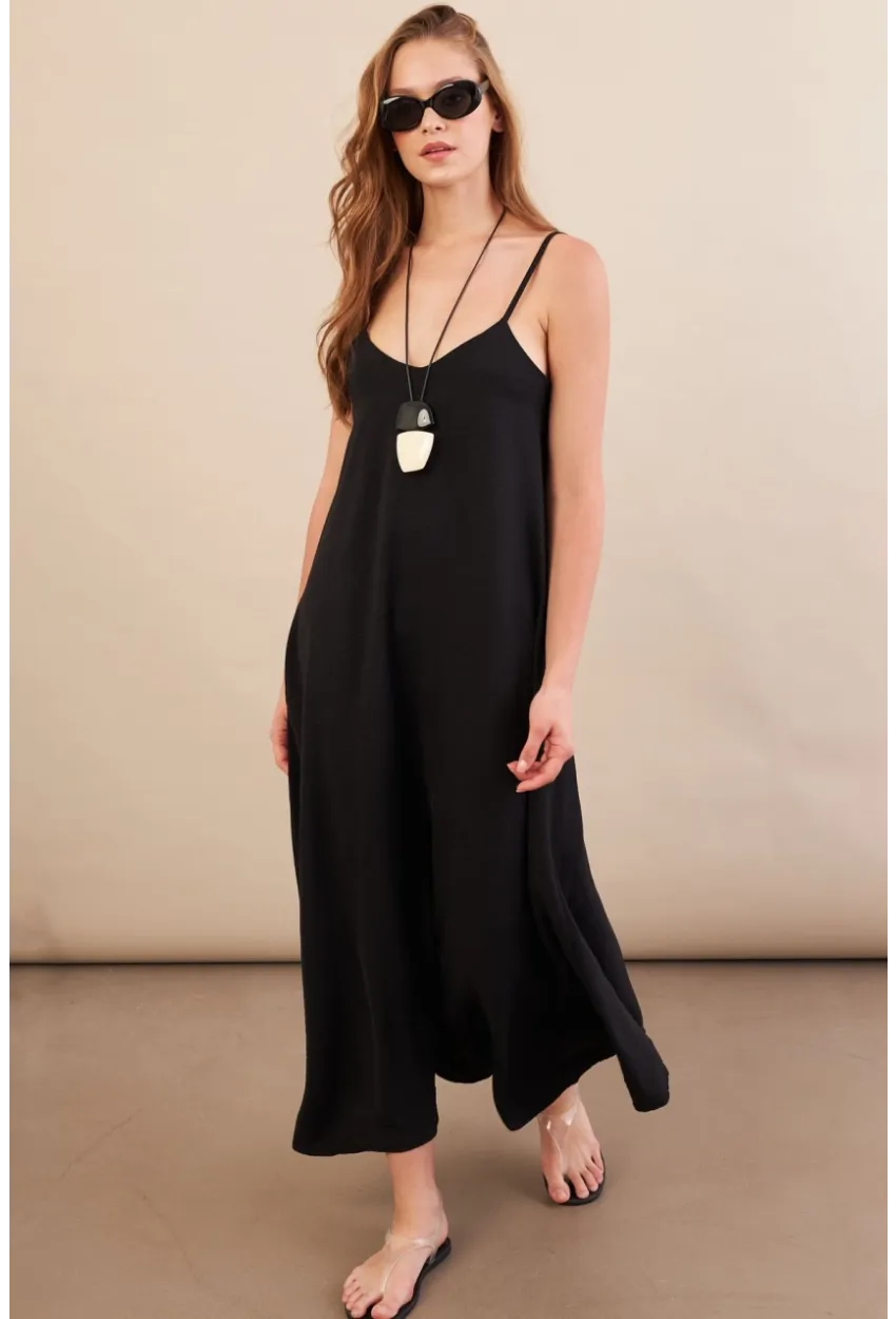 Kadın Siyah Askılı Çan Midaxi Elbise OPS9005