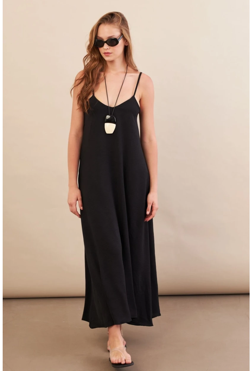 Kadın Siyah Askılı Çan Midaxi Elbise OPS9005