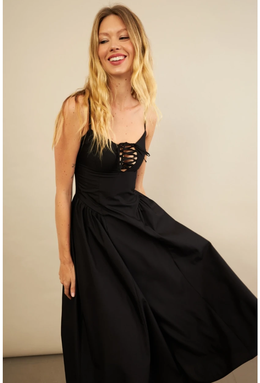 Kadın Siyah Askılı Detaylı Midi Elbise YEL221653