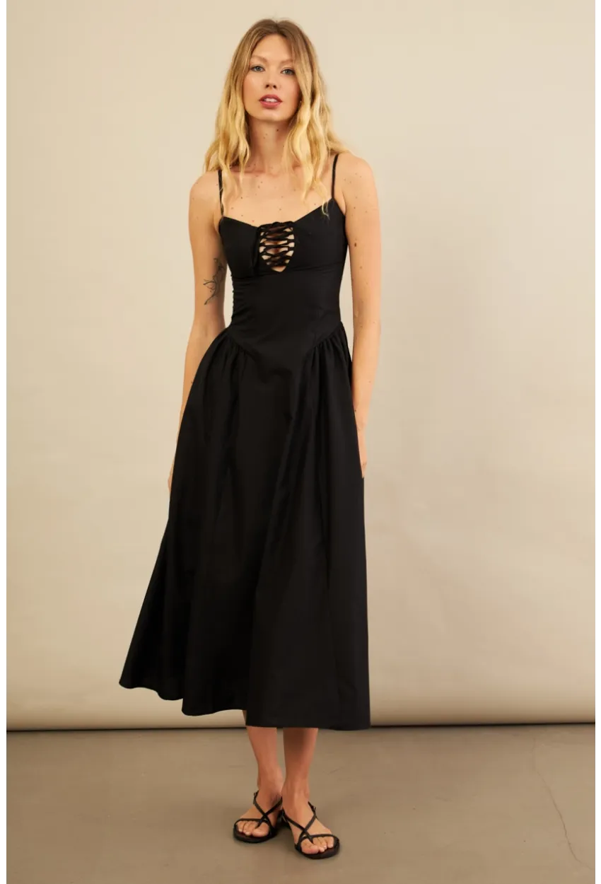 Kadın Siyah Askılı Detaylı Midi Elbise YEL221653