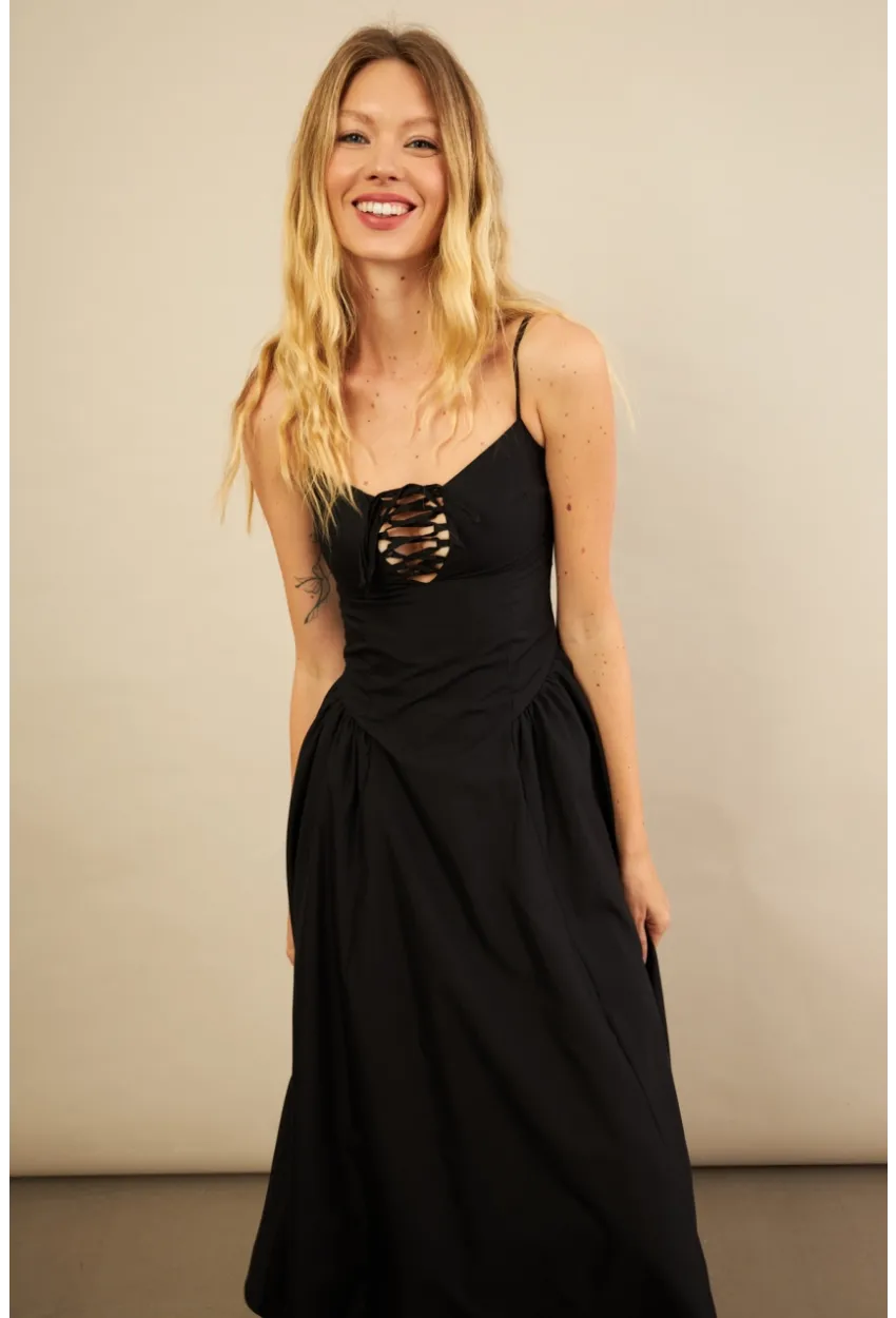 Kadın Siyah Askılı Detaylı Midi Elbise YEL221653