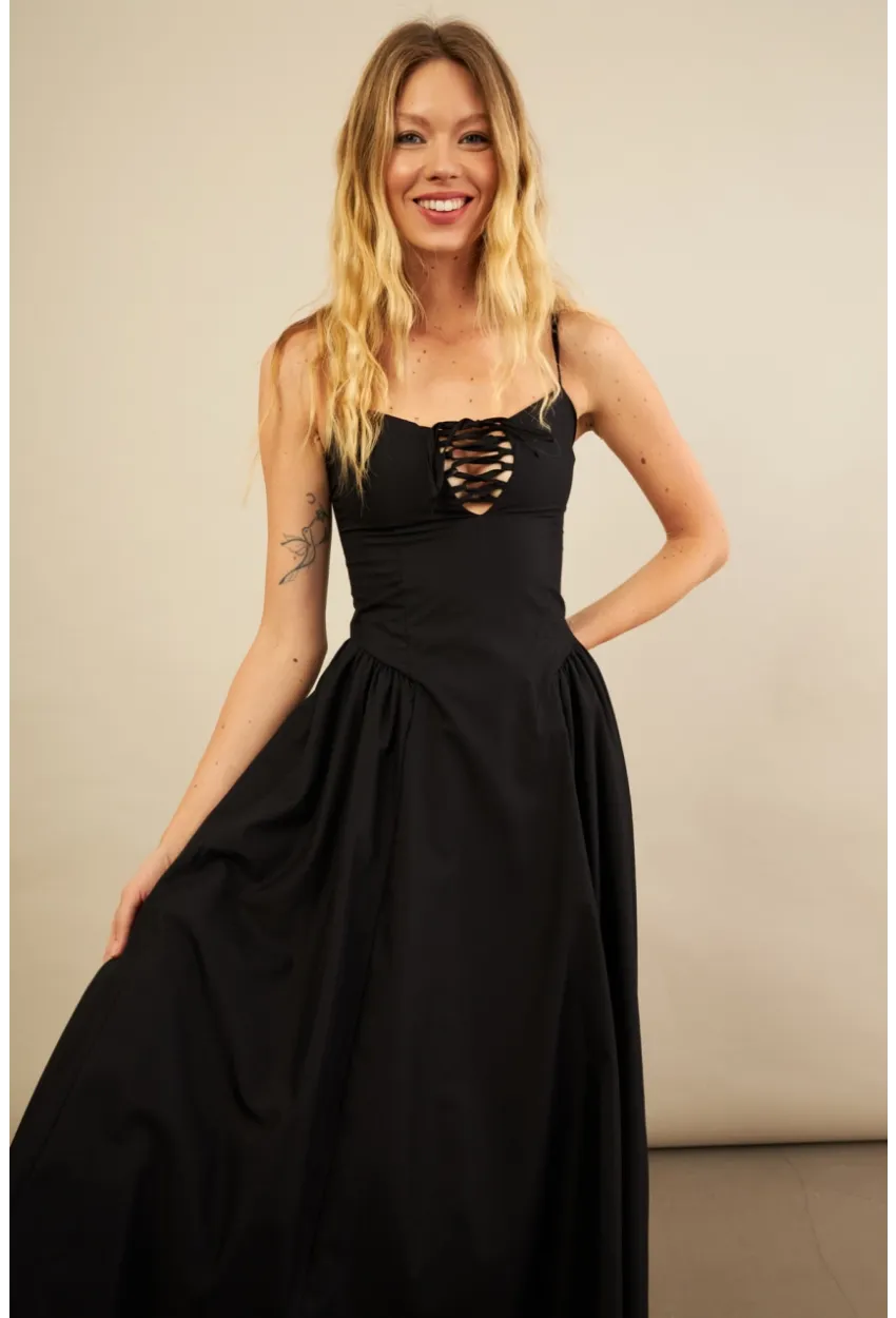 Kadın Siyah Askılı Detaylı Midi Elbise YEL221653