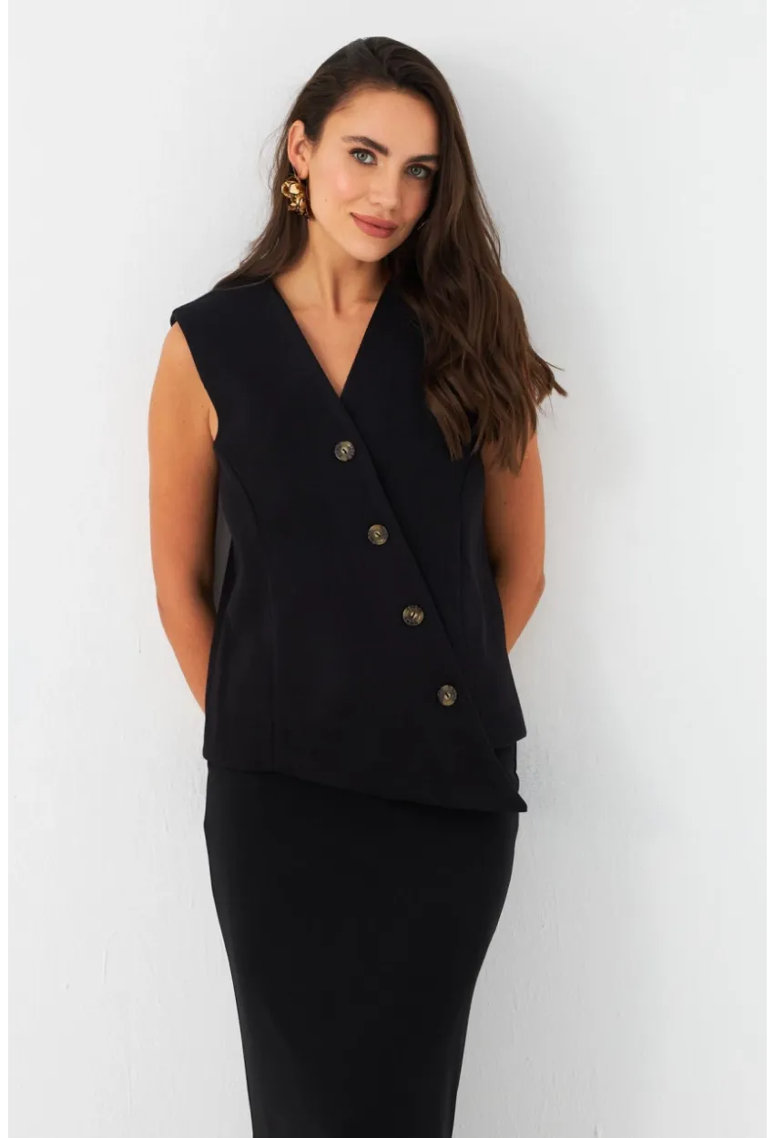 Kadın Siyah Astarlı Asimetrik Yelek RAD50102