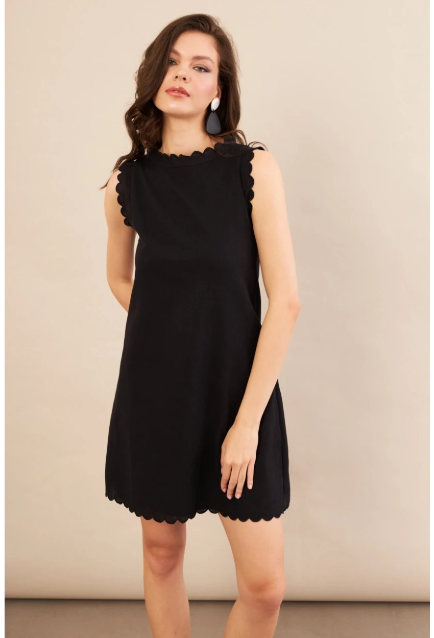 Kadın Siyah Astarlı Mini Keten Elbise AYD415