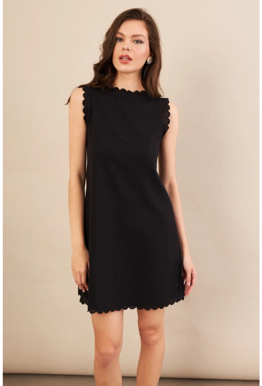 Kadın Siyah Astarlı Mini Keten Elbise AYD415