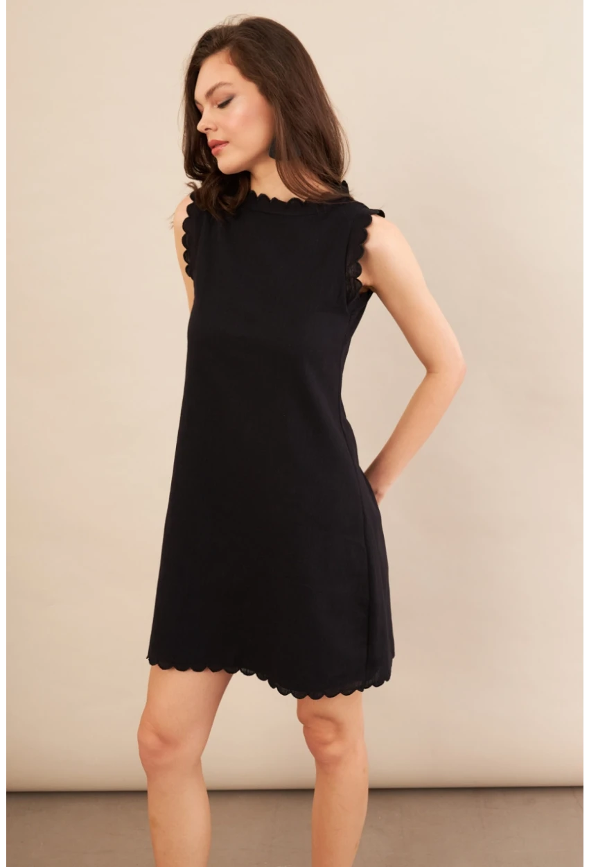 Kadın Siyah Astarlı Mini Keten Elbise AYD415