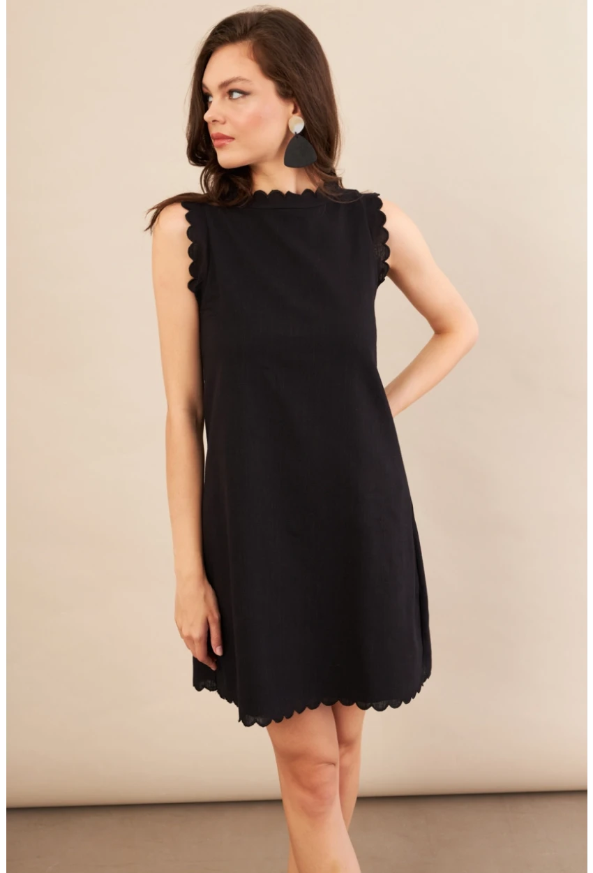 Kadın Siyah Astarlı Mini Keten Elbise AYD415