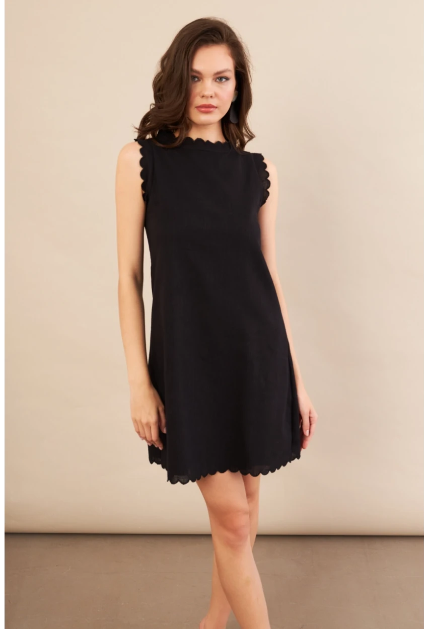 Kadın Siyah Astarlı Mini Keten Elbise AYD415