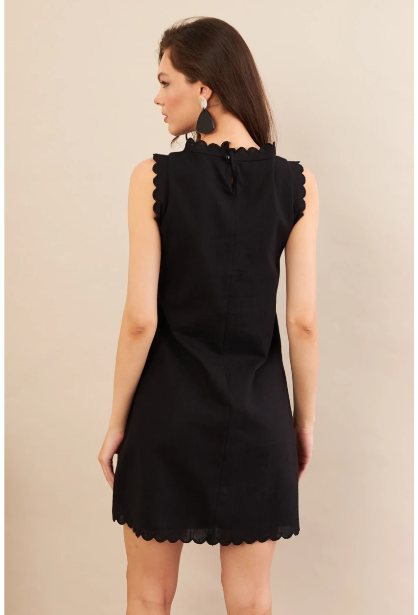 Kadın Siyah Astarlı Mini Keten Elbise AYD415