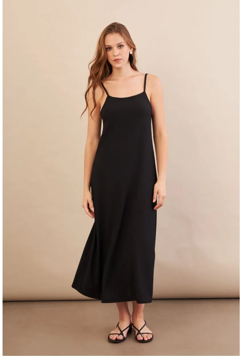 Kadın Siyah Ayarlanabilir Askılı Bürümcük Midi Elbise MX9455