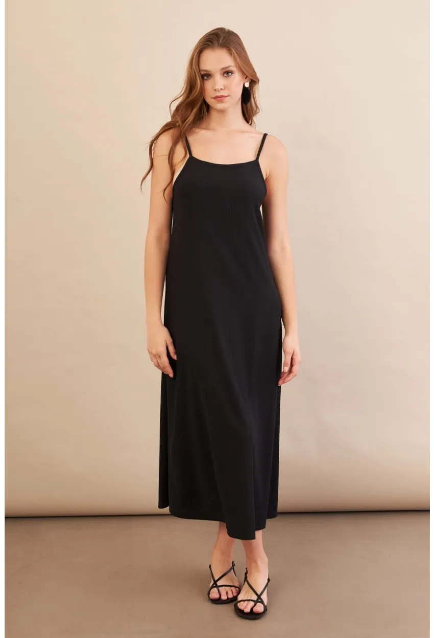 Kadın Siyah Ayarlanabilir Askılı Bürümcük Midi Elbise MX9455