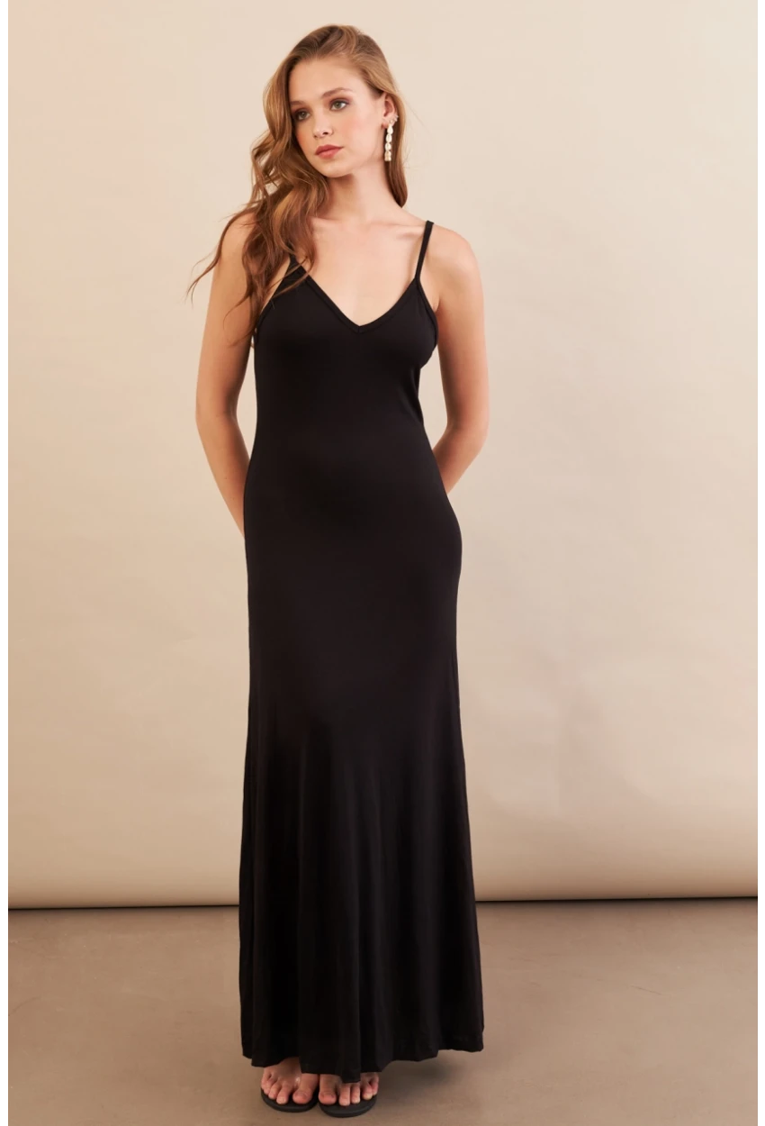Kadın Siyah Ayarlanabilir Askılı Midaxi Elbise EY3115