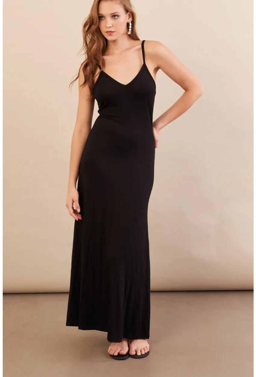 Kadın Siyah Ayarlanabilir Askılı Midaxi Elbise EY3115