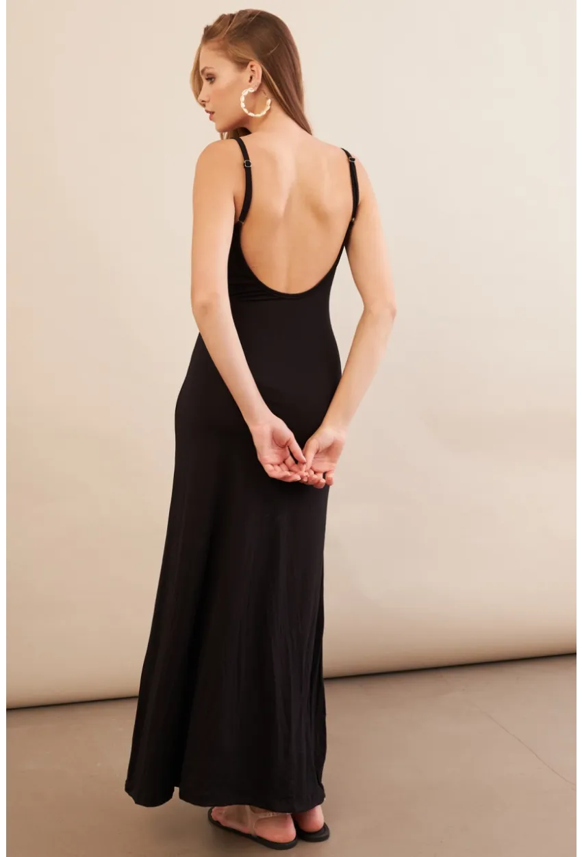 Kadın Siyah Ayarlanabilir Askılı Midaxi Elbise EY3115