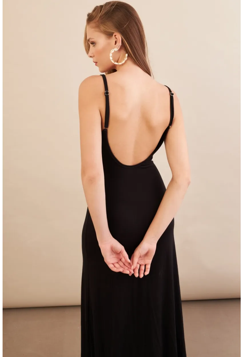Kadın Siyah Ayarlanabilir Askılı Midaxi Elbise EY3115