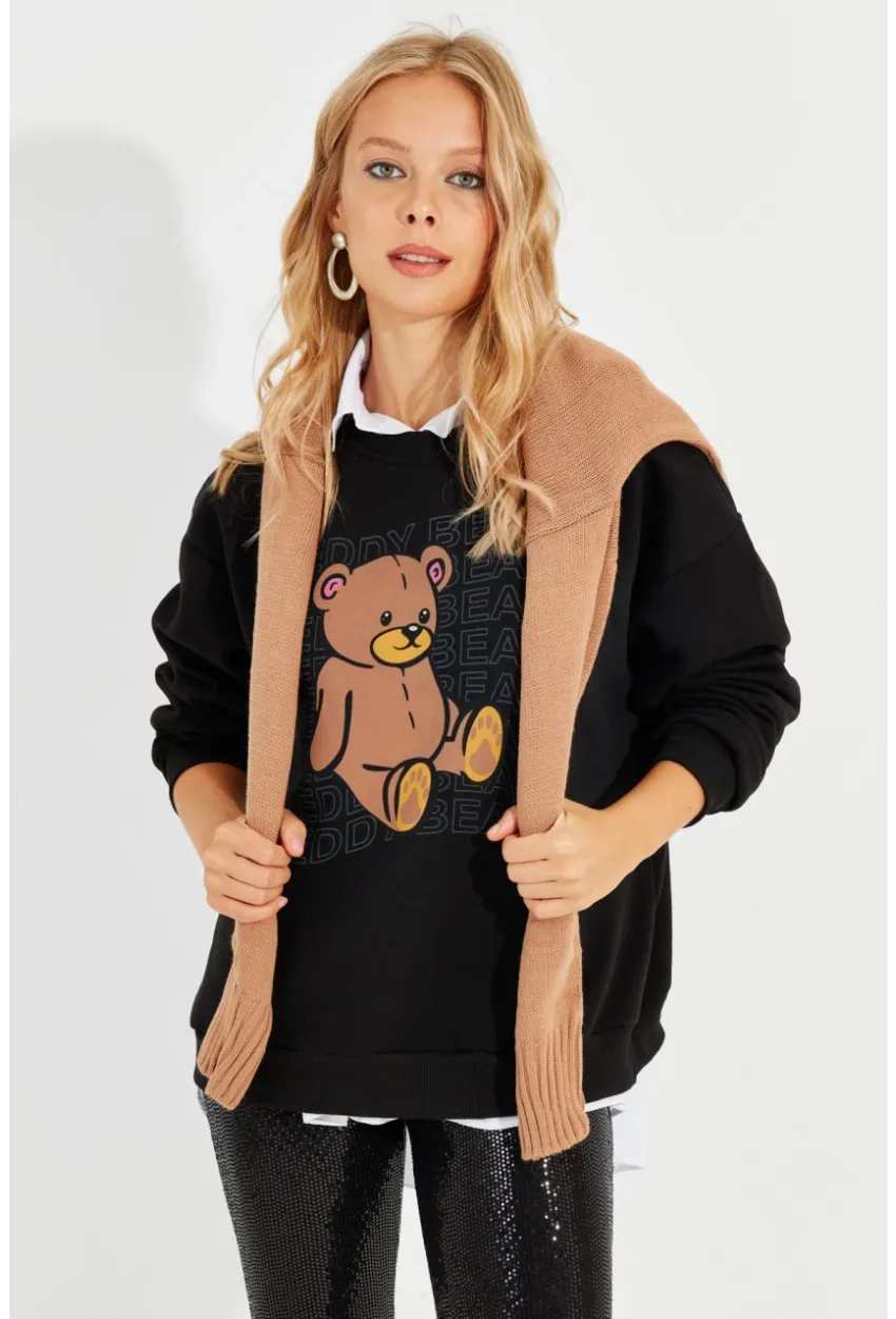 Kadın Siyah Ayıcık Baskılı Sweatshirt ZM288