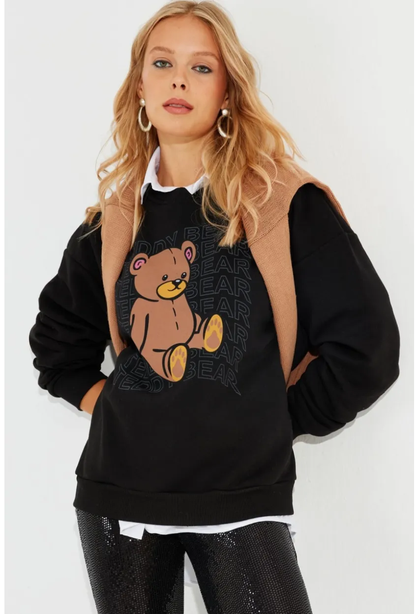 Kadın Siyah Ayıcık Baskılı Sweatshirt ZM288
