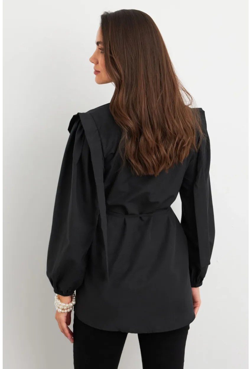 Kadın Siyah Bağlama Detaylı Basic Gömlek MASF185