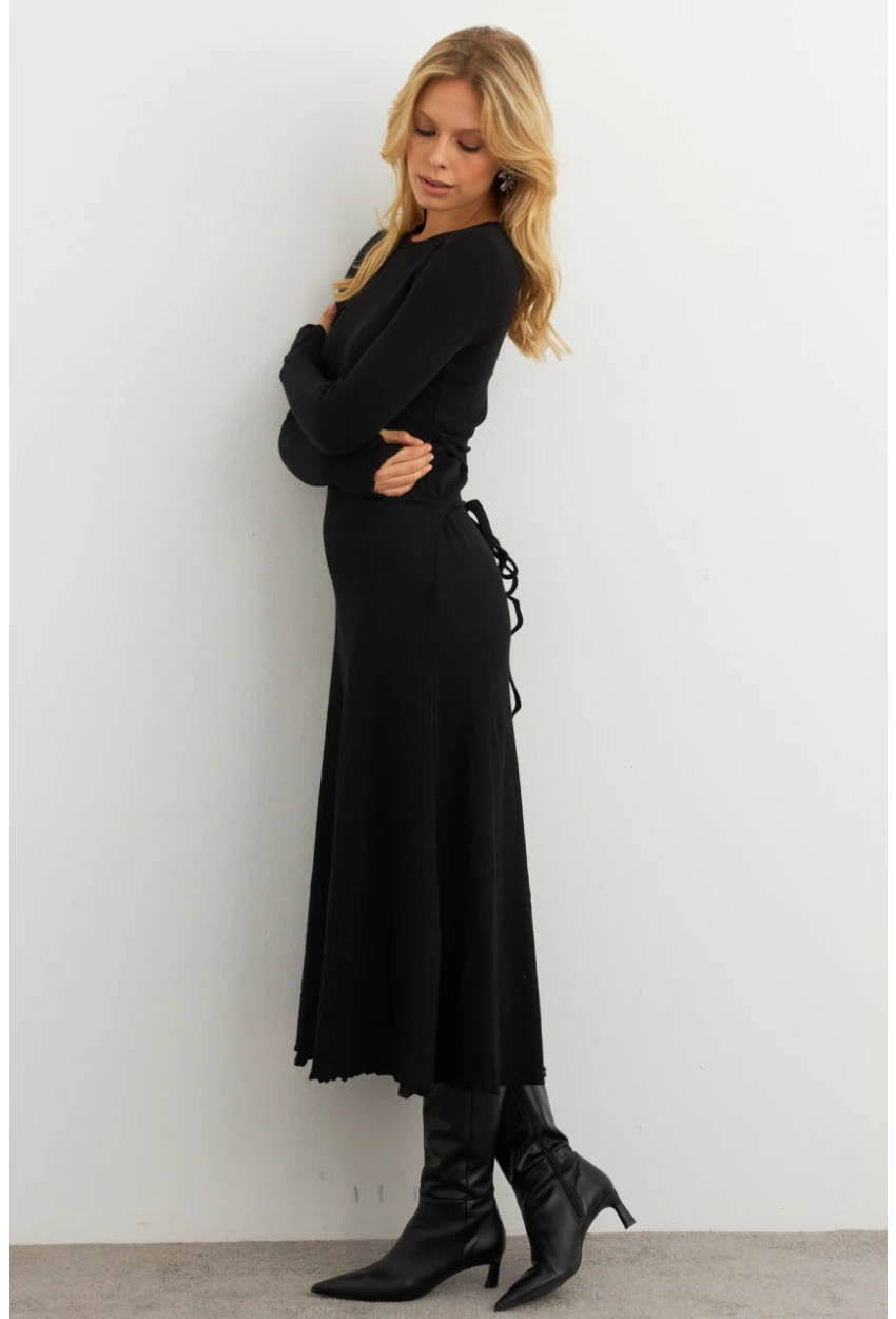 Kadın Siyah Bağlamalı Kaşkorse Midi Elbise COL2268