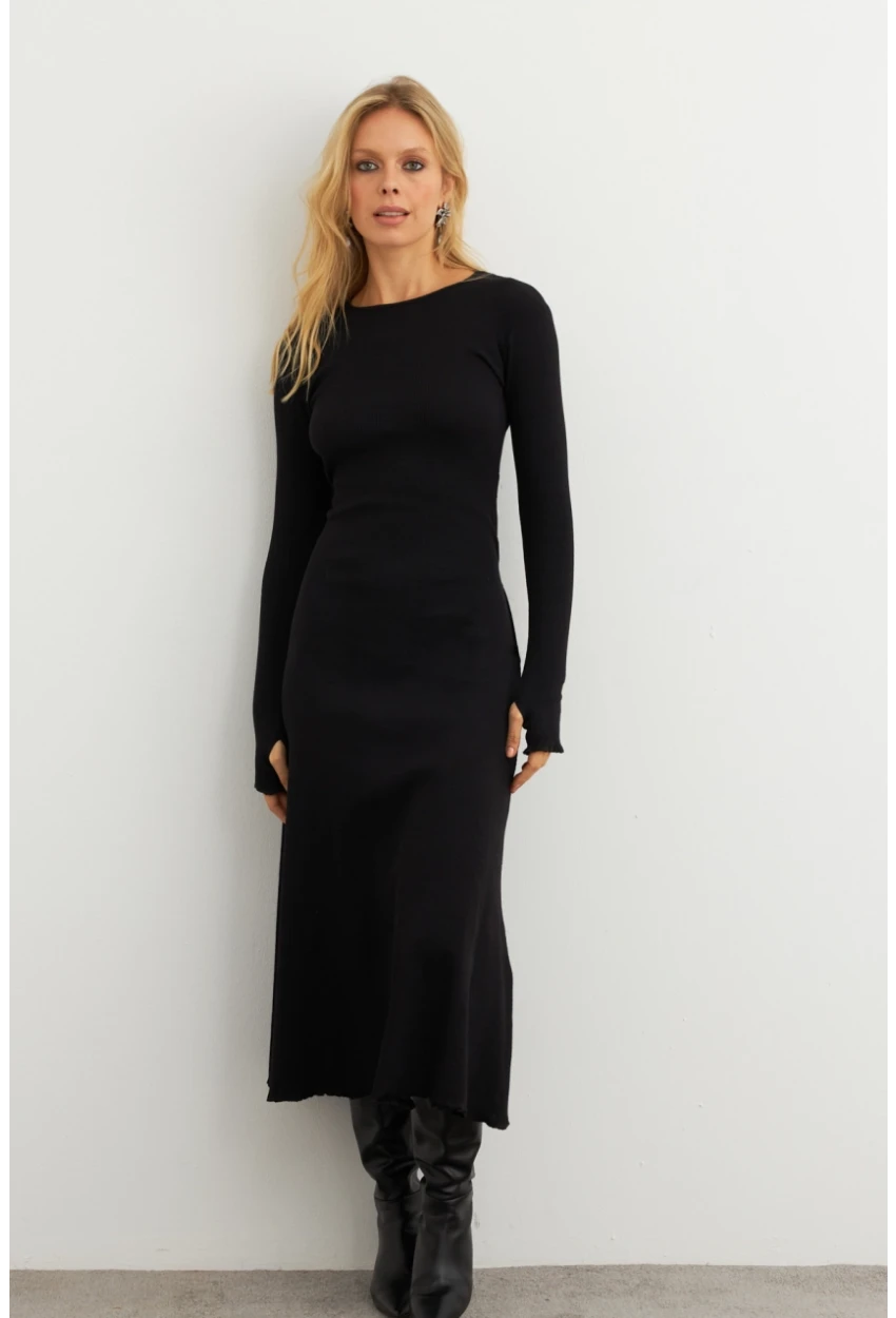 Kadın Siyah Bağlamalı Kaşkorse Midi Elbise COL2268