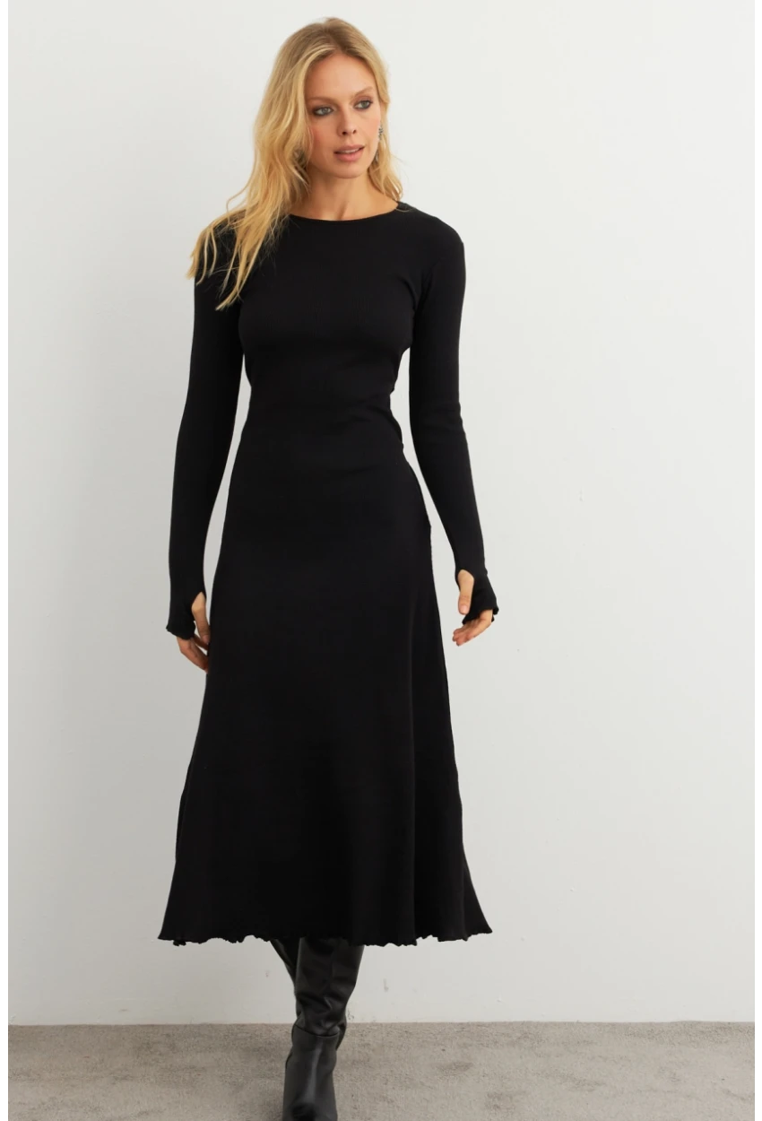 Kadın Siyah Bağlamalı Kaşkorse Midi Elbise COL2268