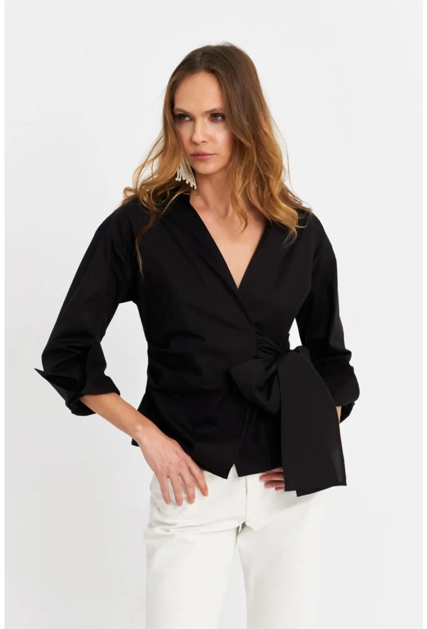 Kadın Siyah Bağlamalı Kruvaze Gömlek MFS9792