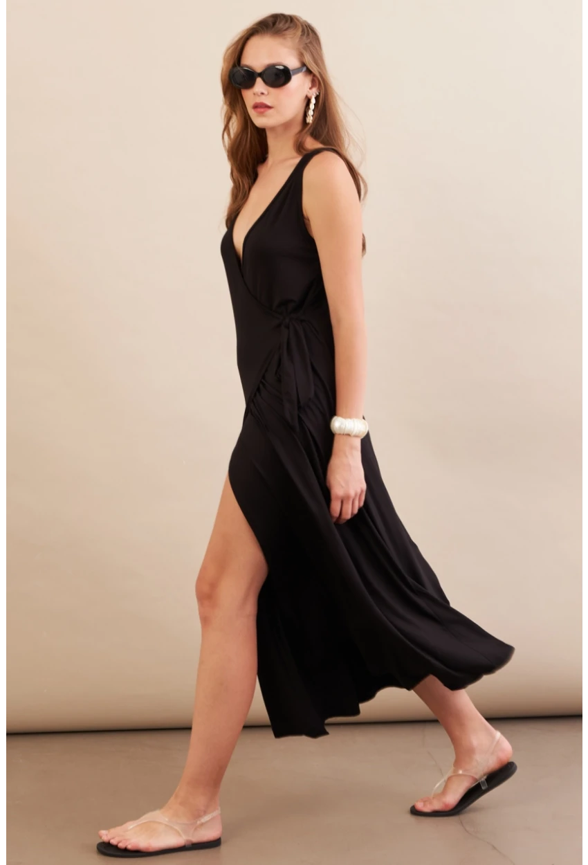 Kadın Siyah Bağlamalı Kruvaze Midi Elbise EY3107