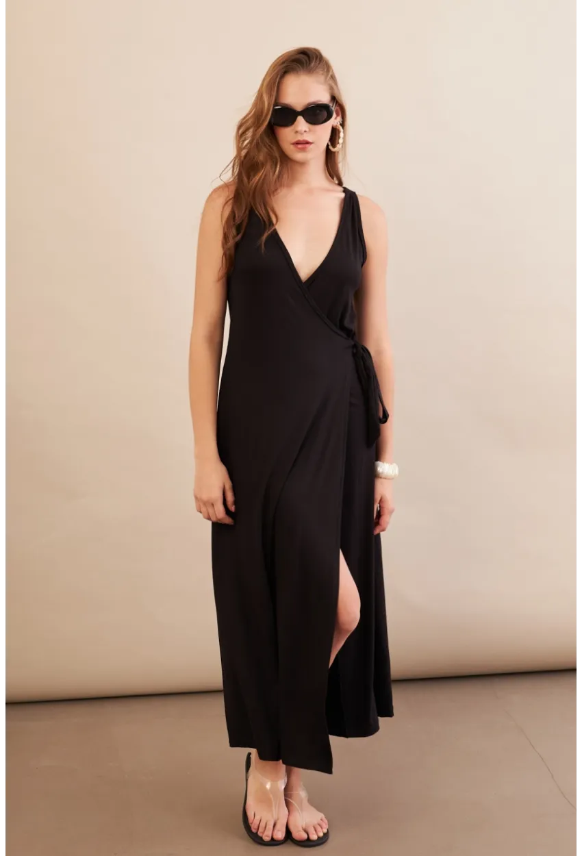 Kadın Siyah Bağlamalı Kruvaze Midi Elbise EY3107