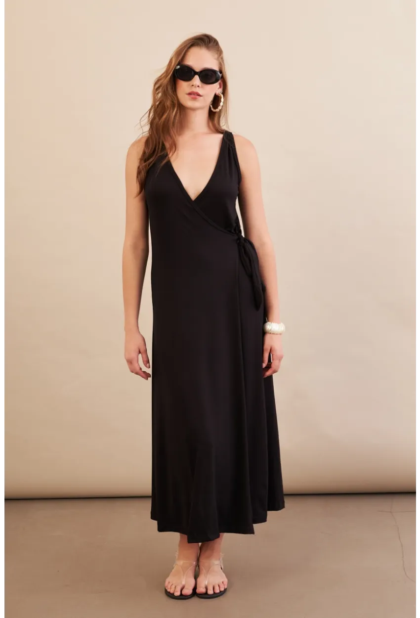 Kadın Siyah Bağlamalı Kruvaze Midi Elbise EY3107