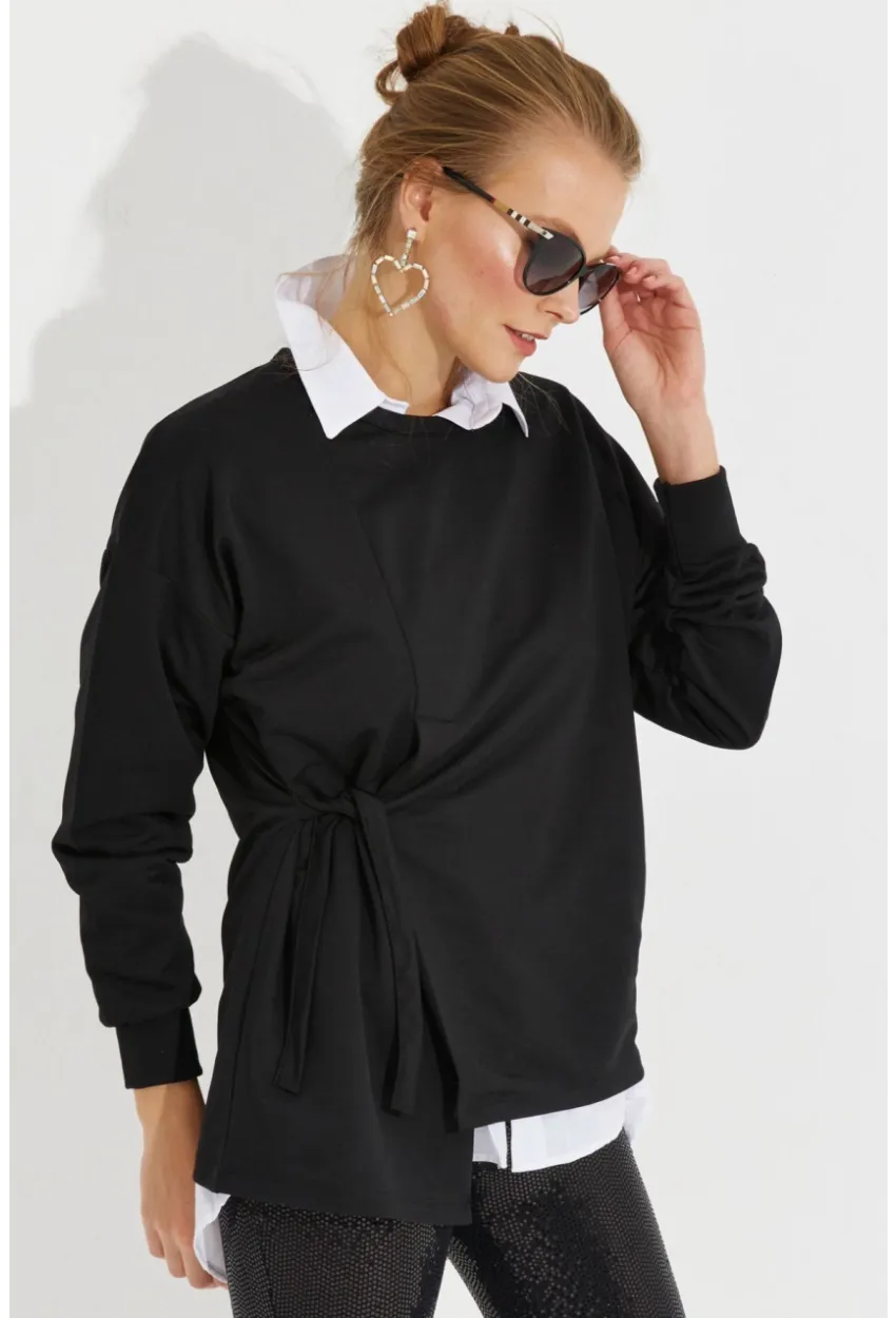 Kadın Siyah Bağlamalı Sweatshirt Yİ2493