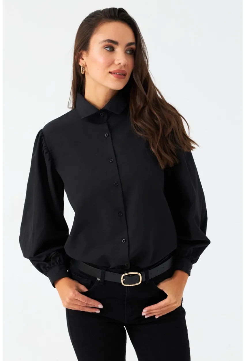 Kadın Siyah Balon Kol Gömlek MZER416