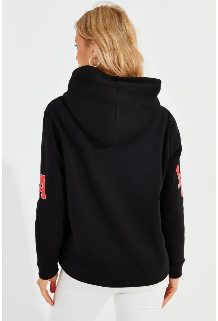 Kadın Siyah Baskılı Kapüşonlu Sweatshirt DA146