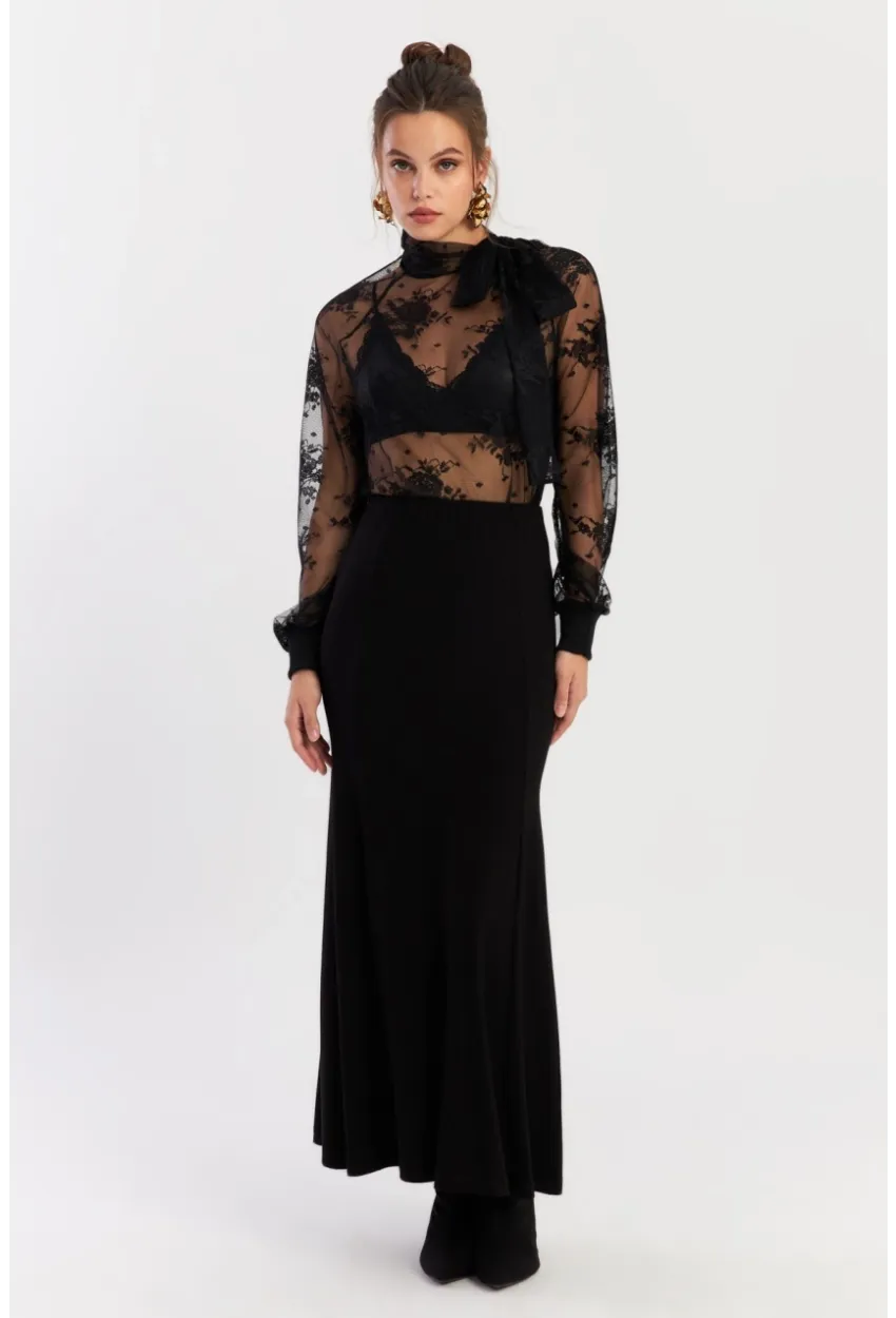 Kadın Siyah Beli Lastikli Evoze Maxi Etek EY2923