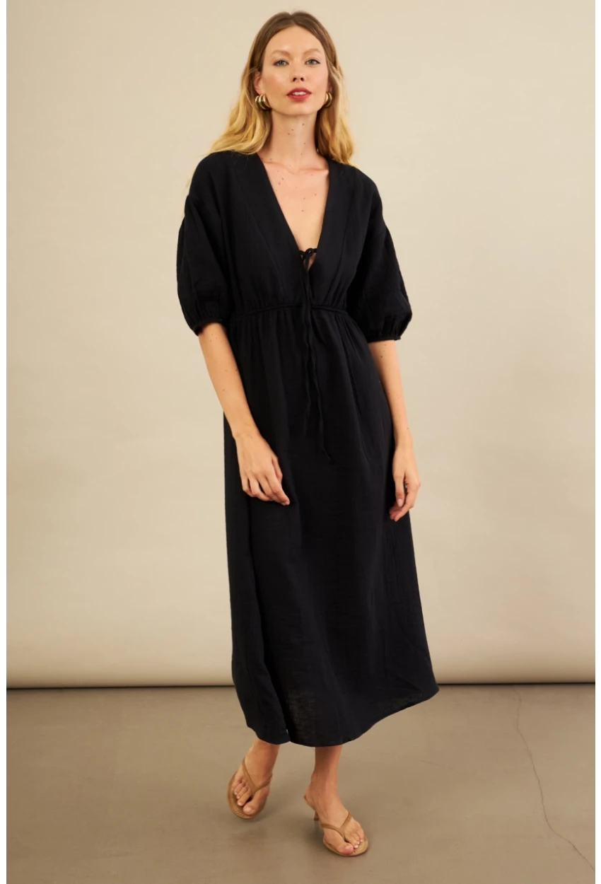Kadın Siyah Beli Lastikli Midi Müslin Elbise FRO1001