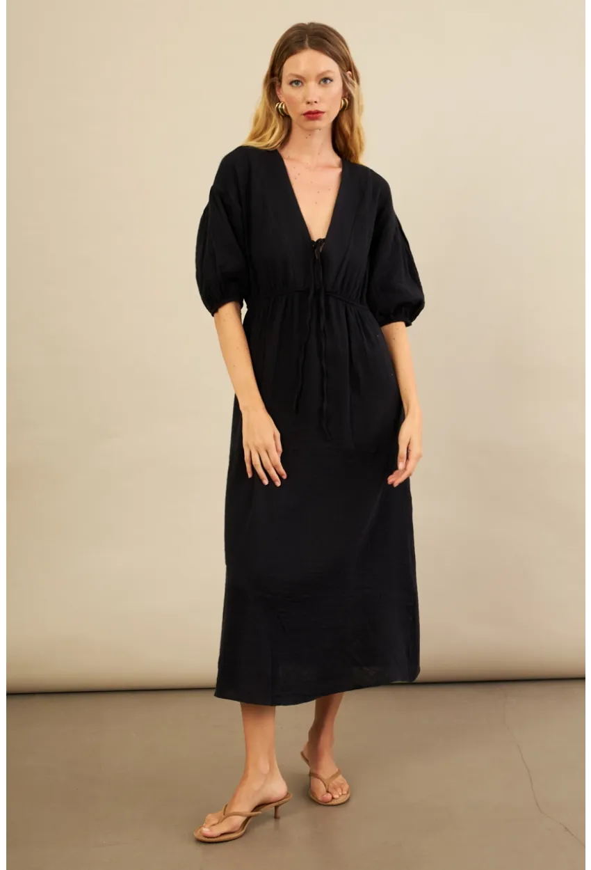 Kadın Siyah Beli Lastikli Midi Müslin Elbise FRO1001