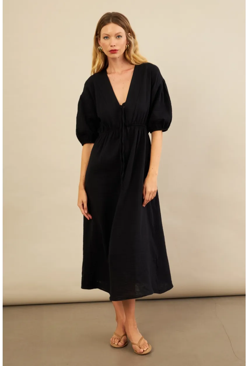 Kadın Siyah Beli Lastikli Midi Müslin Elbise FRO1001