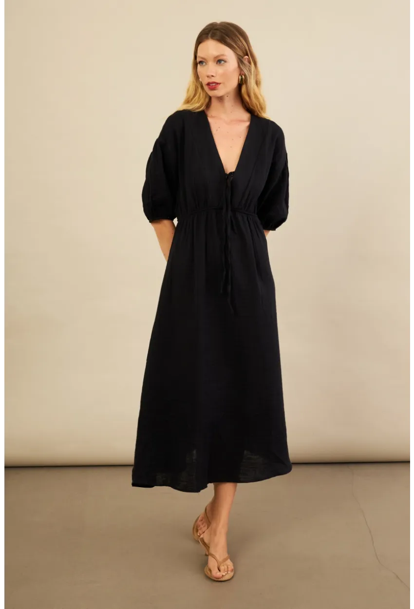 Kadın Siyah Beli Lastikli Midi Müslin Elbise FRO1001