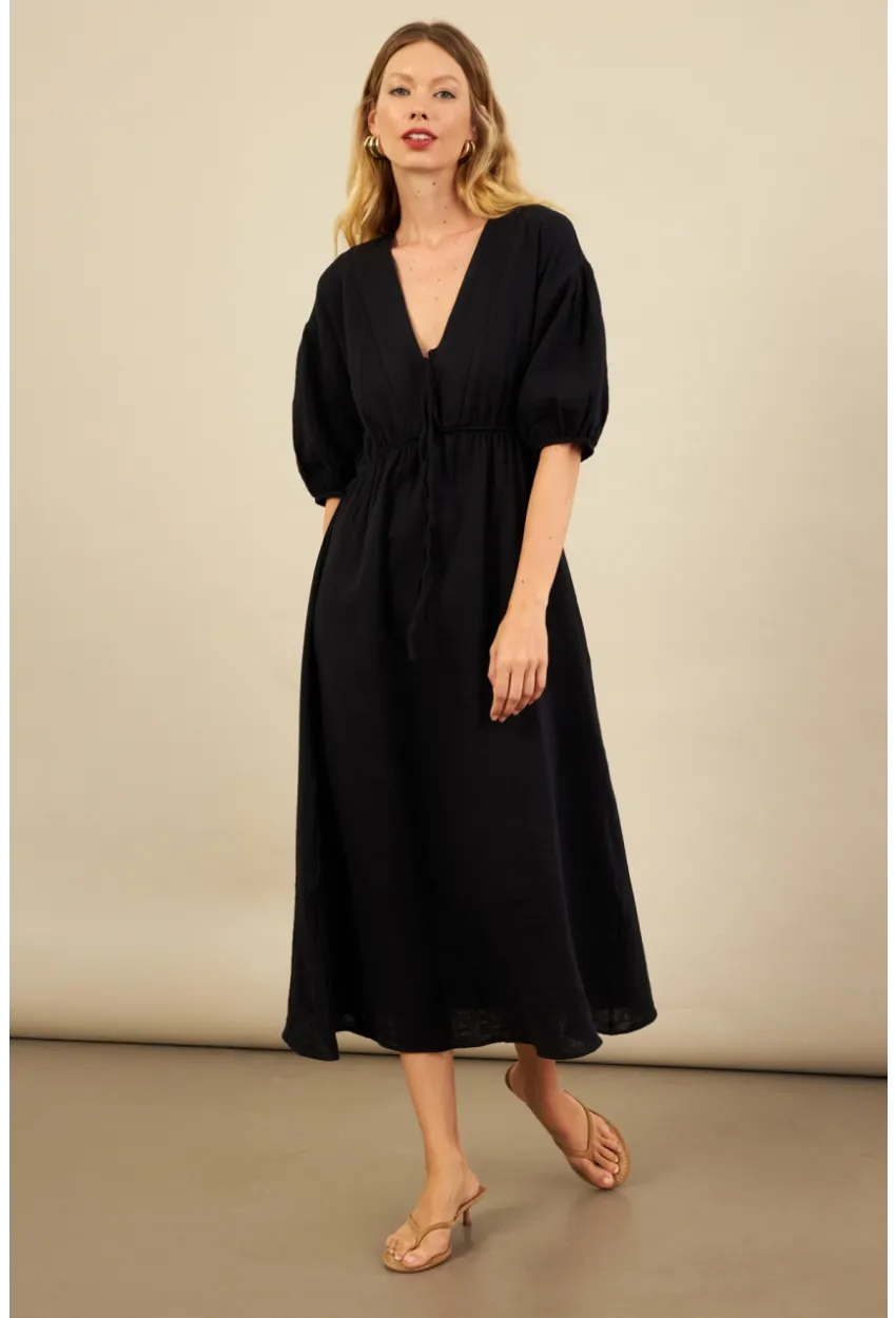 Kadın Siyah Beli Lastikli Midi Müslin Elbise FRO1001