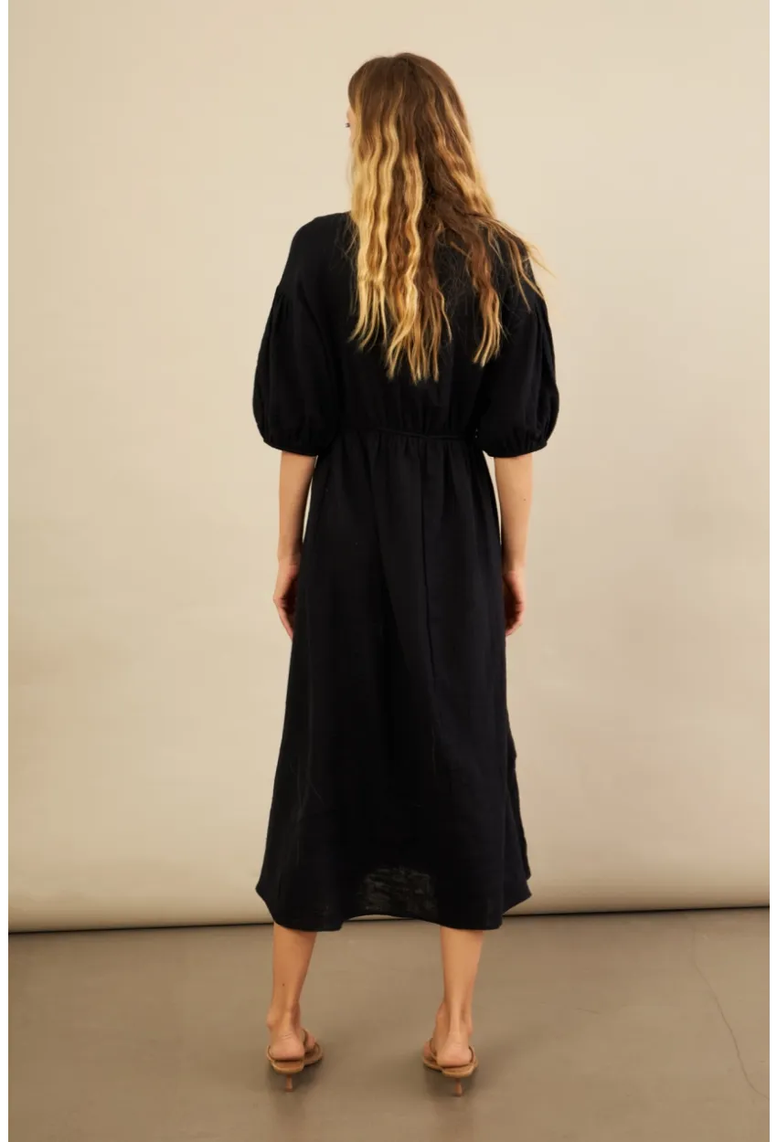 Kadın Siyah Beli Lastikli Midi Müslin Elbise FRO1001