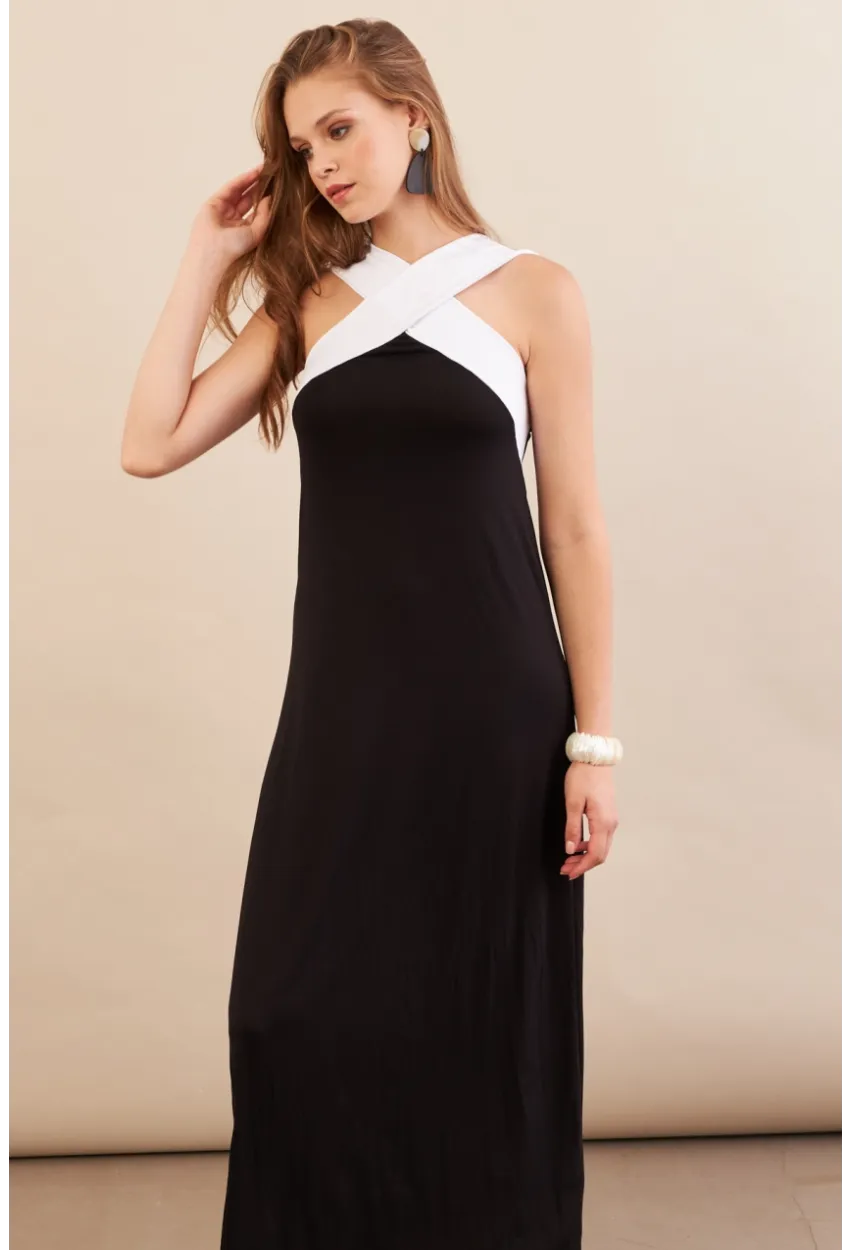 Kadın Siyah-Beyaz Çapraz Askılı Kontrast Midi Elbise EY3116