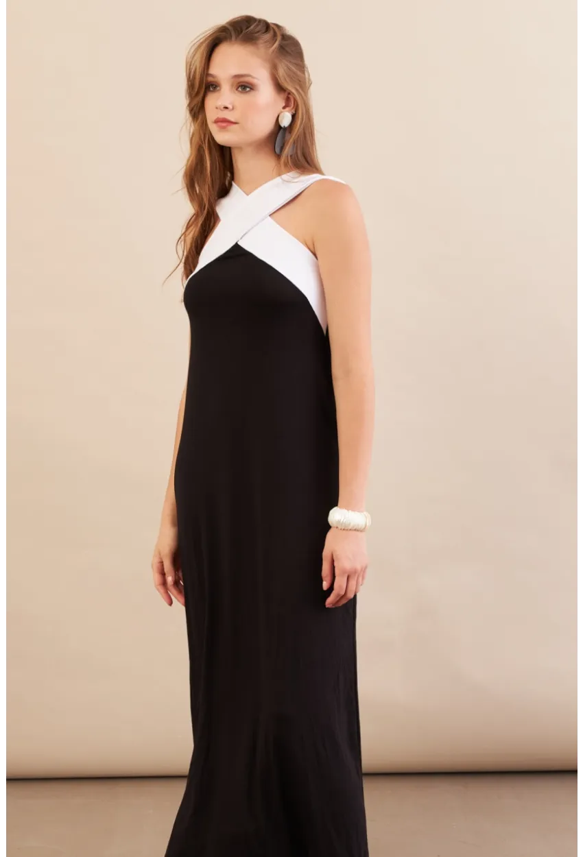 Kadın Siyah-Beyaz Çapraz Askılı Kontrast Midi Elbise EY3116