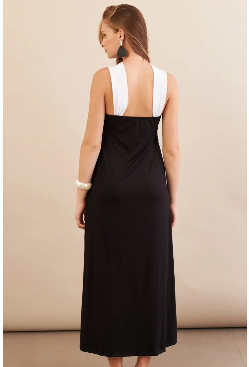 Kadın Siyah-Beyaz Çapraz Askılı Kontrast Midi Elbise EY3116