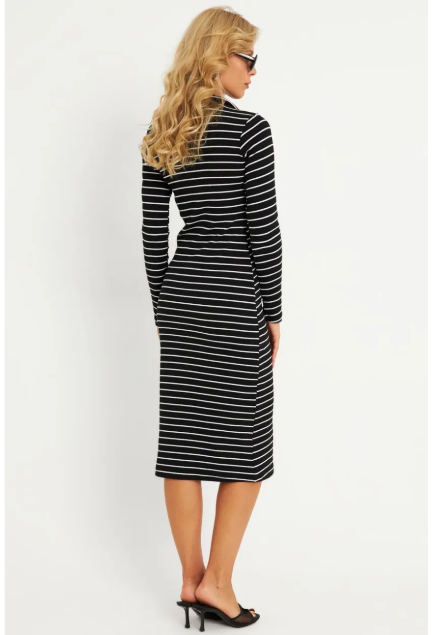 Kadın Siyah-Beyaz Çizgili Kaşkorse Midi Elbise YLE43