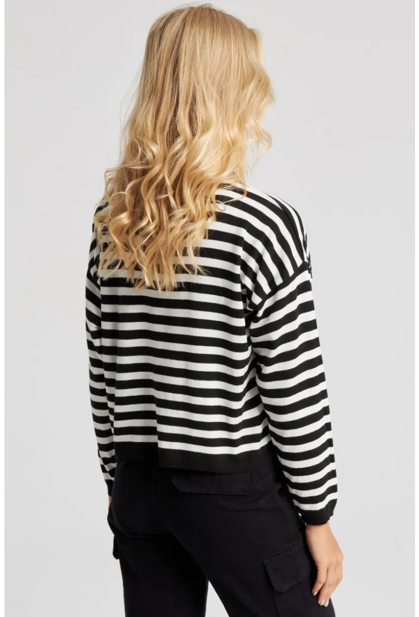 Kadın Siyah-Beyaz Çizgili Triko İnce Kazak YV211