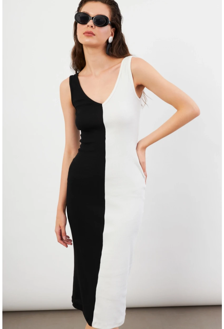 Kadın Siyah-Beyaz Color Block Kaşkorse Midi Elbise EY3126