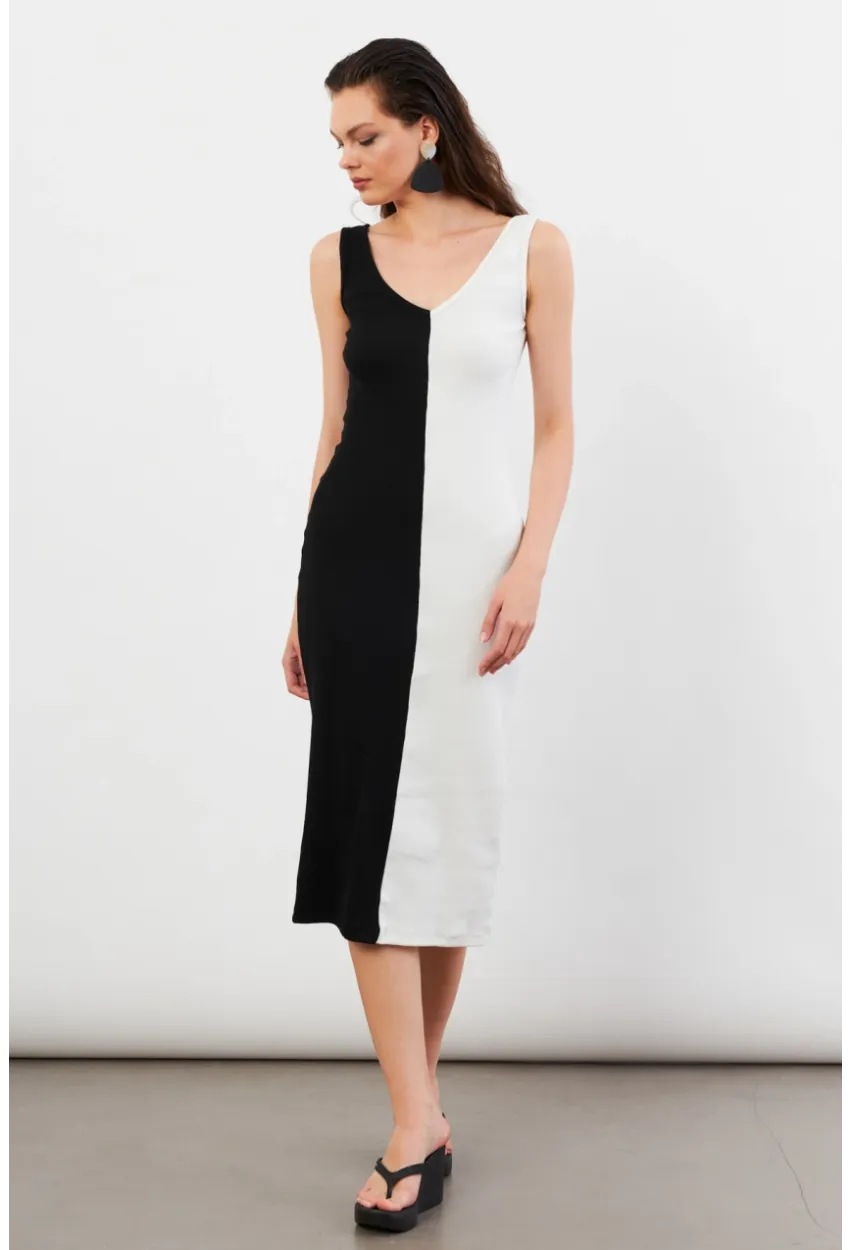 Kadın Siyah-Beyaz Color Block Kaşkorse Midi Elbise EY3126