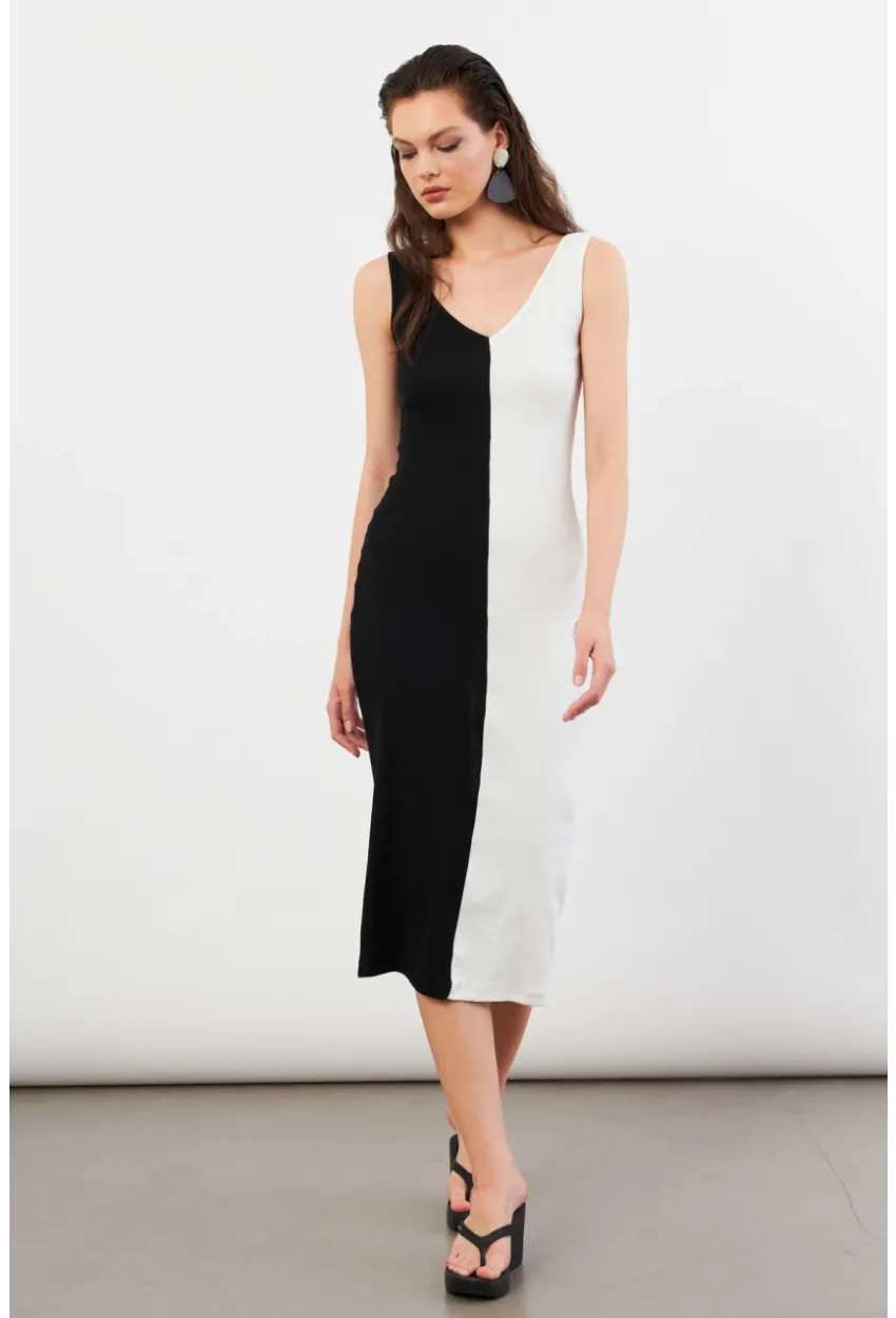 Kadın Siyah-Beyaz Color Block Kaşkorse Midi Elbise EY3126