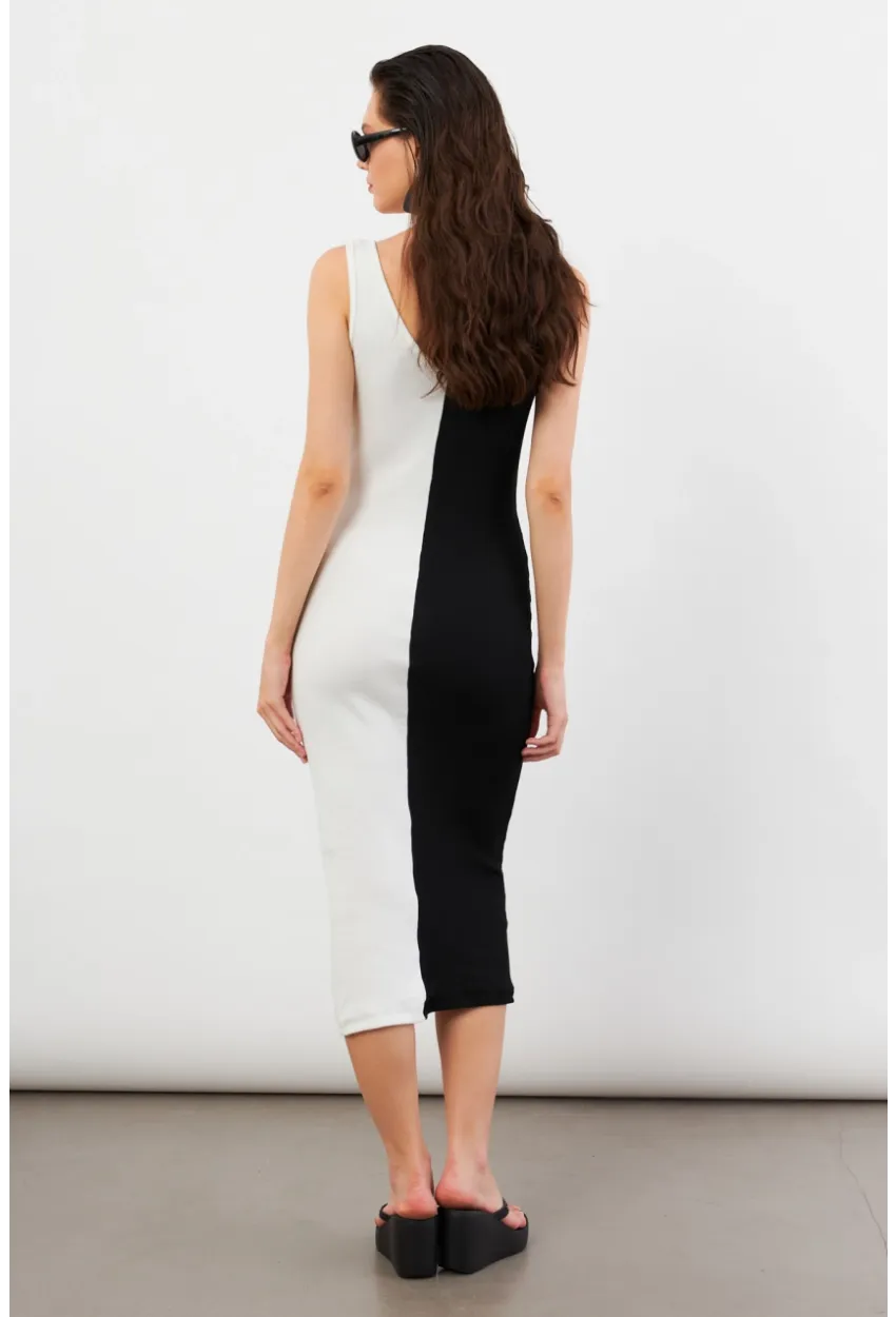 Kadın Siyah-Beyaz Color Block Kaşkorse Midi Elbise EY3126