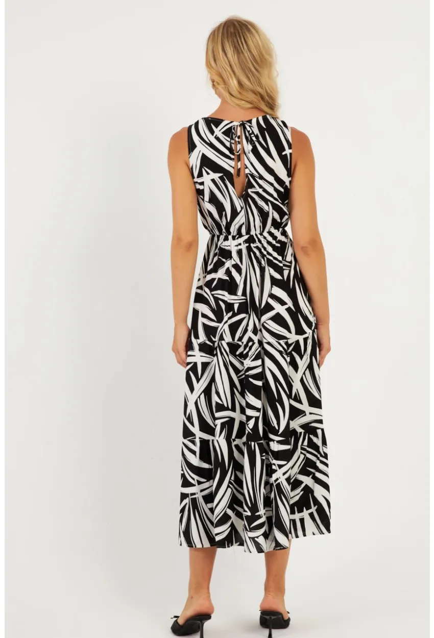 Kadın Siyah-Beyaz Desenli Kruvaze Midi Elbise YZ634