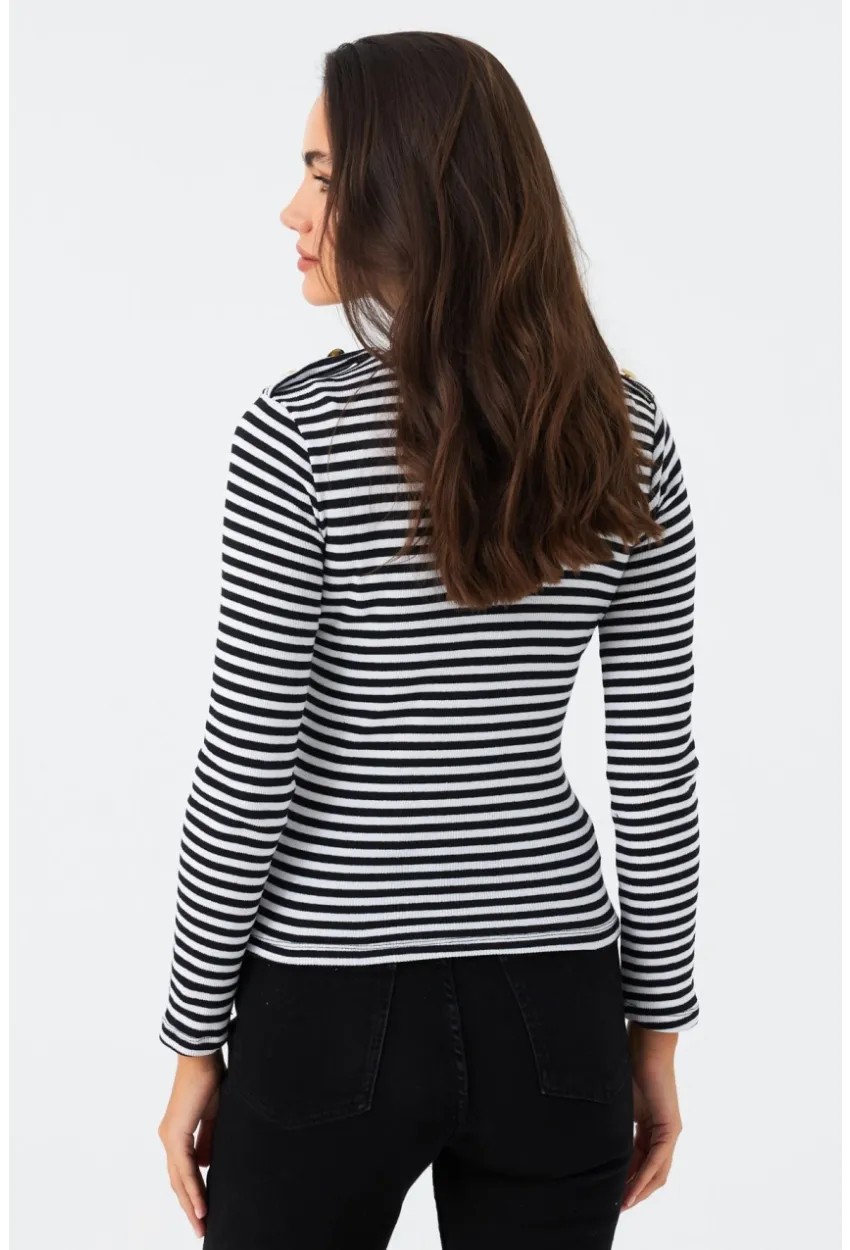 Kadın Siyah-Beyaz Düğme Detaylı Çizgili Bluz MAYD14
